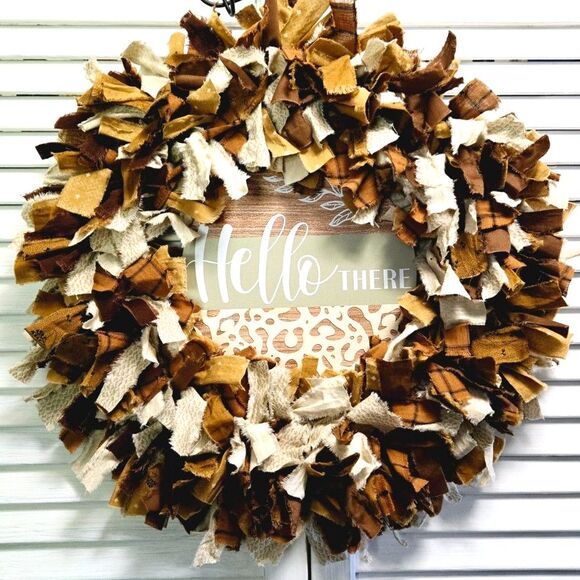 Hello There Shades of Brown Fabric Rag Wreath Door Decor Shabby Chic Decor 18" - Picture 5 of 13